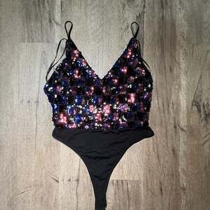 Forever 21 Bodysuit Sequin Black Multi Colored Women's M NYE Festive NWT